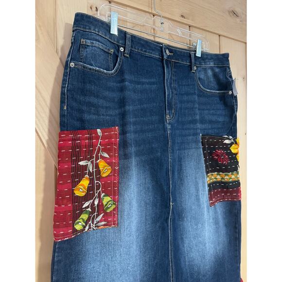 Upcycled Long Denim Skirt with Kantha Patches and Ruffle Hem | Size 16 - Picture 4 of 15
